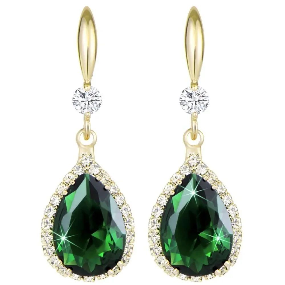 14K Yellow Gold with Emerald Green Cubic Zirconia Teardrop Hook Dangle Earrings